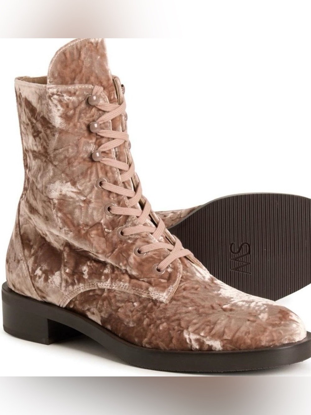 Stuart Weitzman Sondra sleek crushed velvet combat Lace-up boots NWOB SZ 6